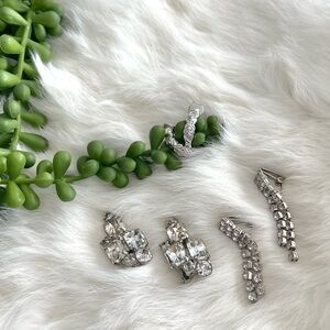 Vintage Bundle of Clip of Earrings Set of Three Silver Tone with Rhinestones